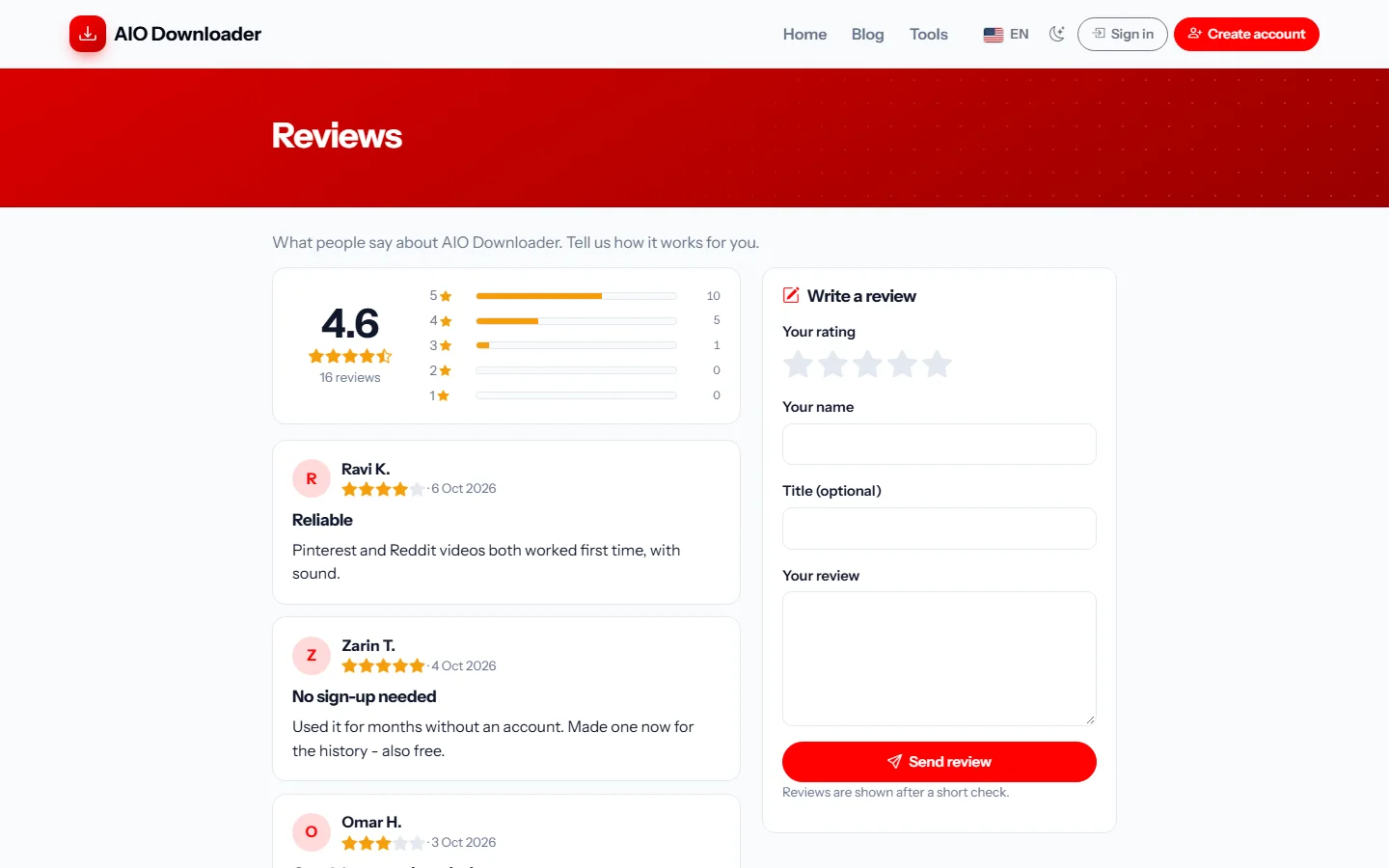 Reviews screenshot