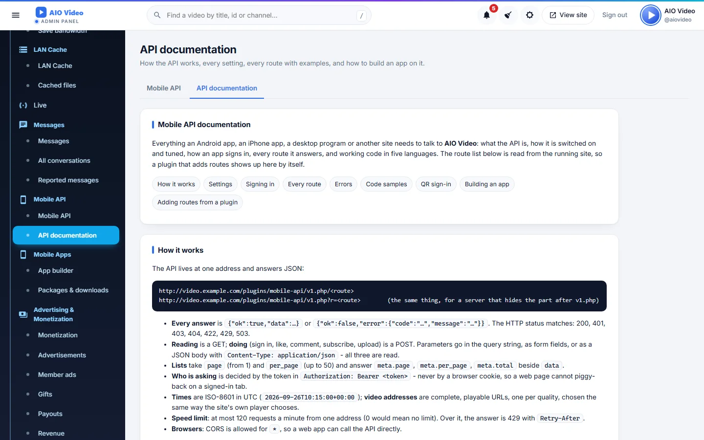 Mobile API screenshot