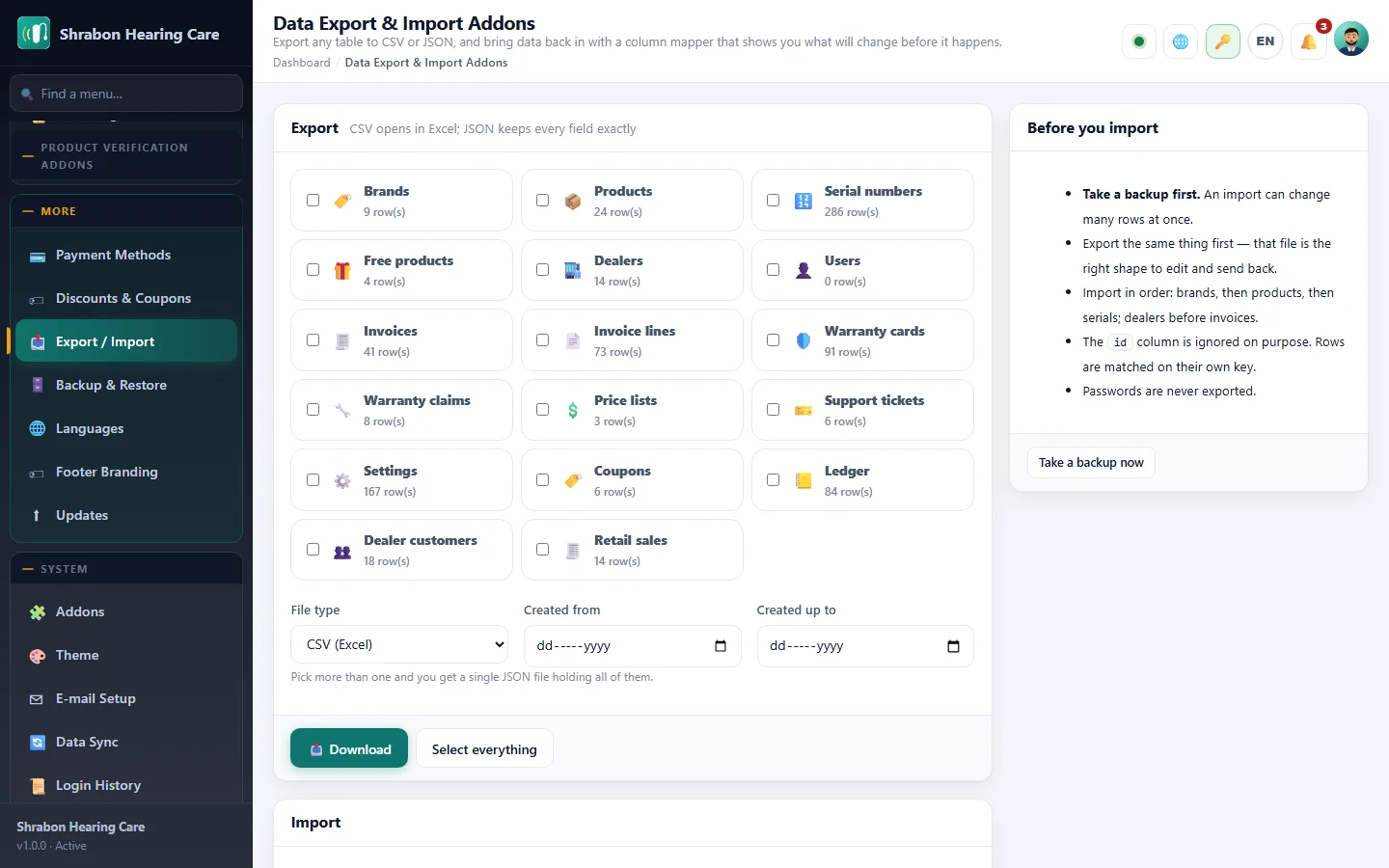Data Export & Import Addons screenshot